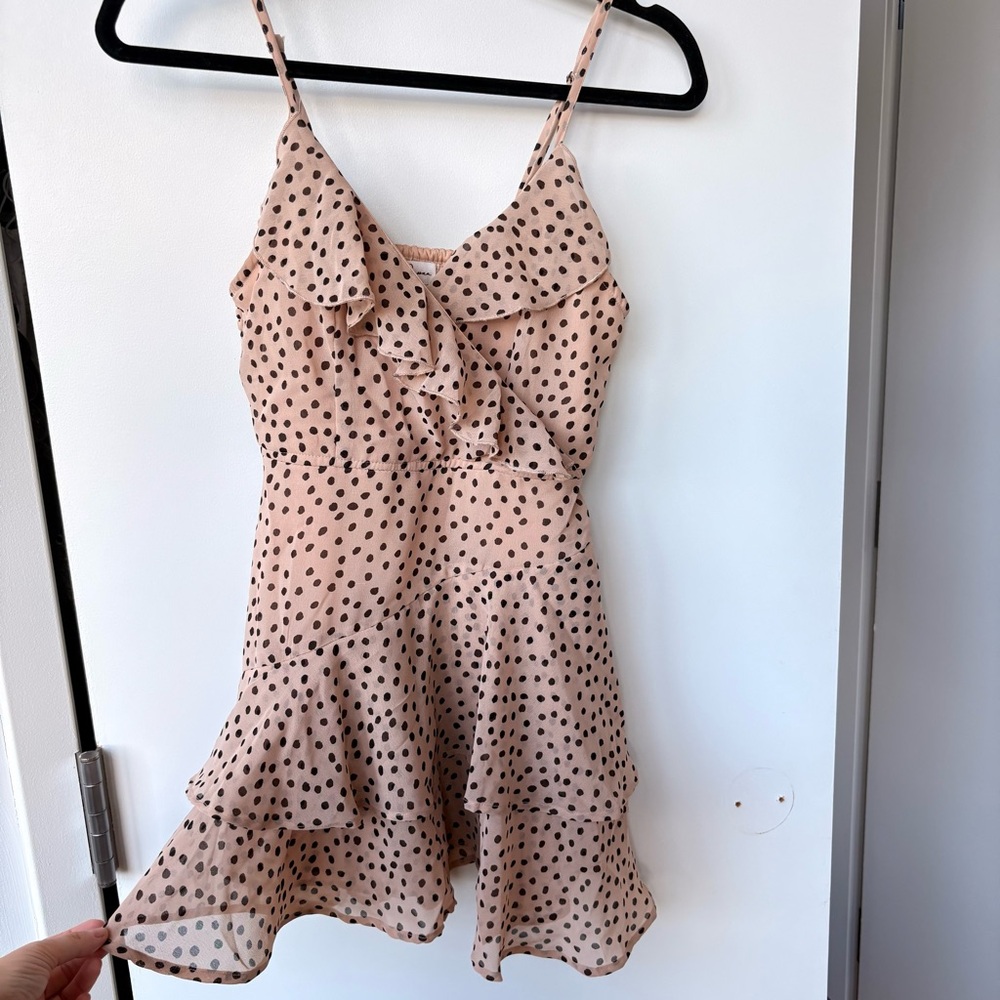 Polka Dot Ruffle Spaghetti Strap Dress - Blush with Black Dots